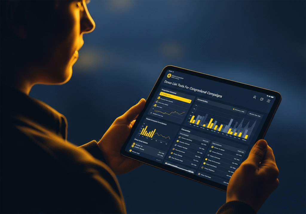 Dashboard view of donor list tools for congressional campaigns showing fundraising metrics and donor segmentation
