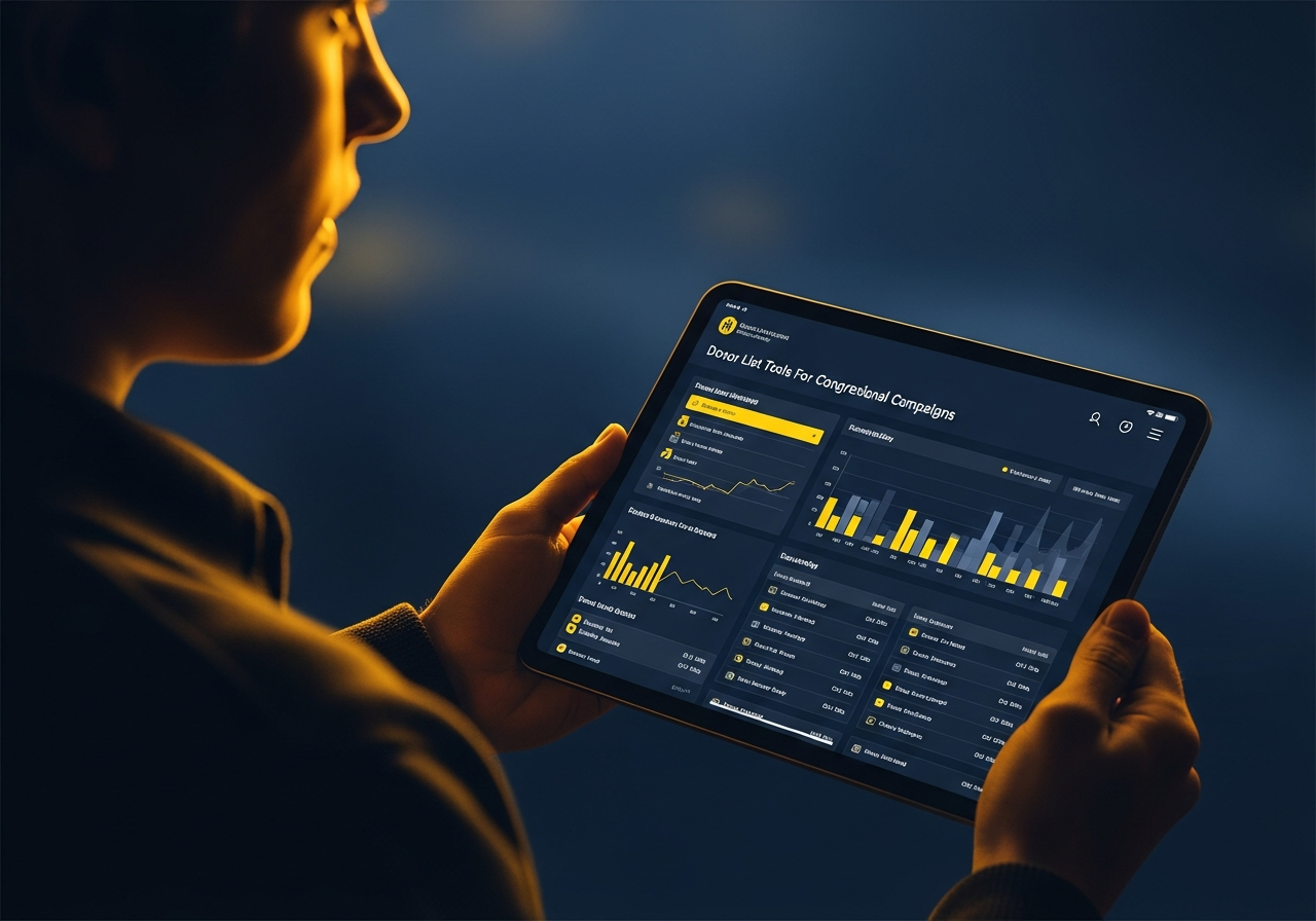 Dashboard view of donor list tools for congressional campaigns showing fundraising metrics and donor segmentation