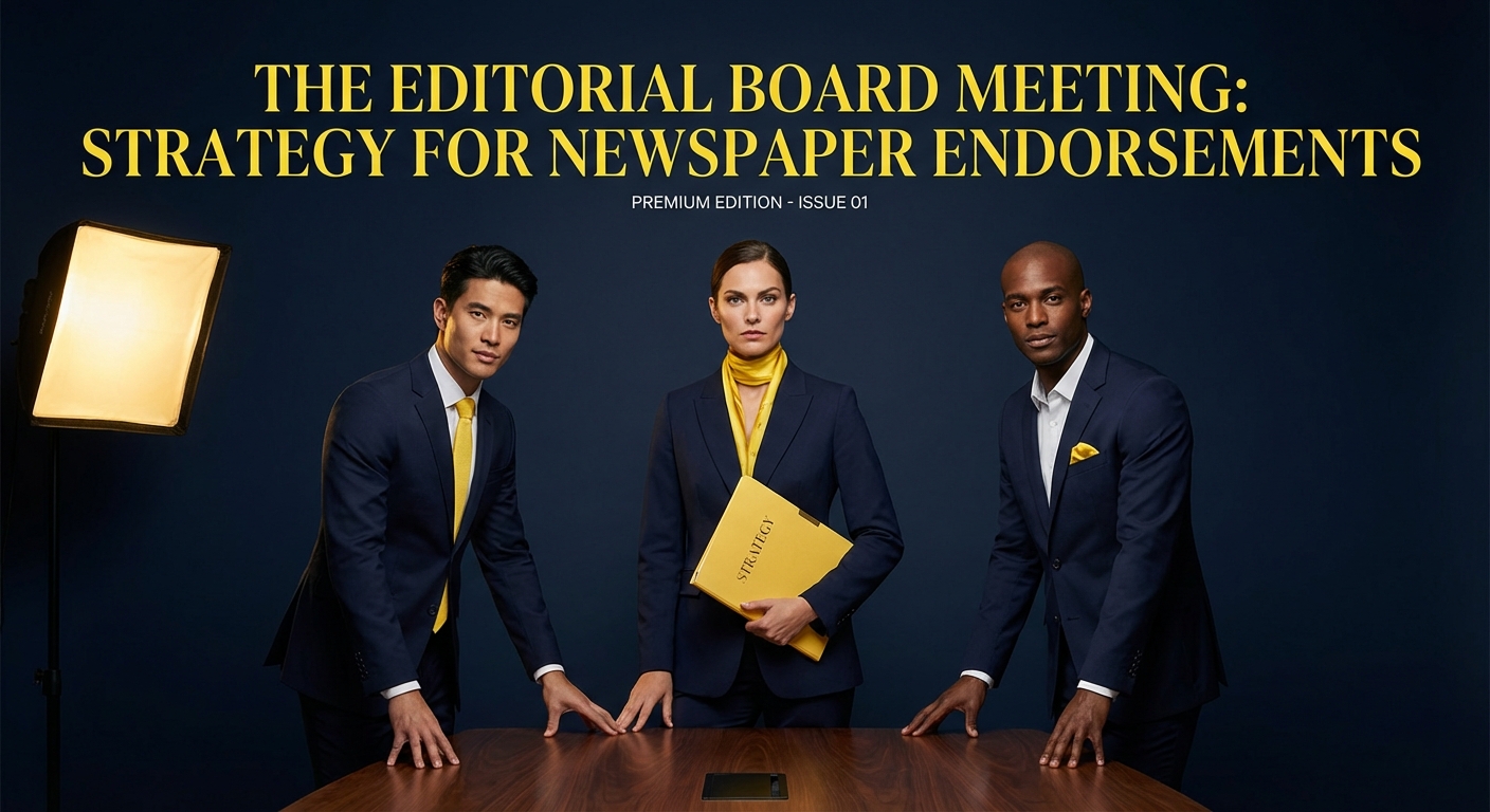 Democratic candidate reviewing campaign strategy documents for an editorial board meeting