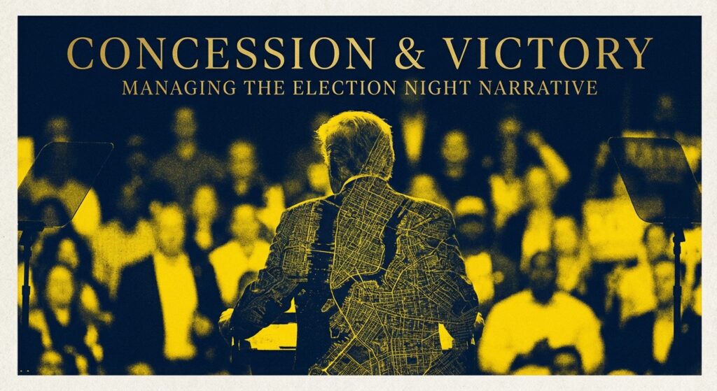 Democratic candidate giving a victory speech on election night with supporters in background