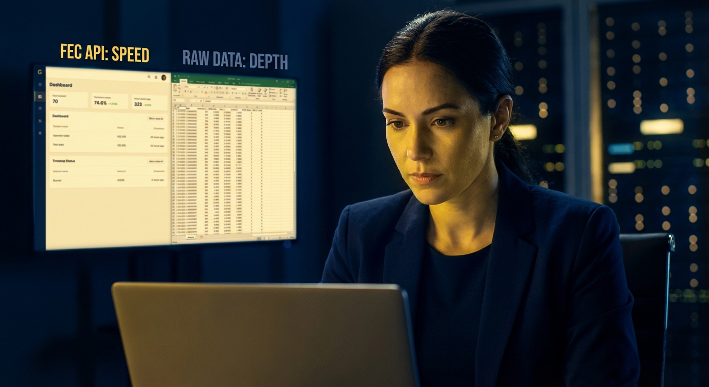 Dashboard showing FEC API data streams versus raw file processing for Democratic campaigns