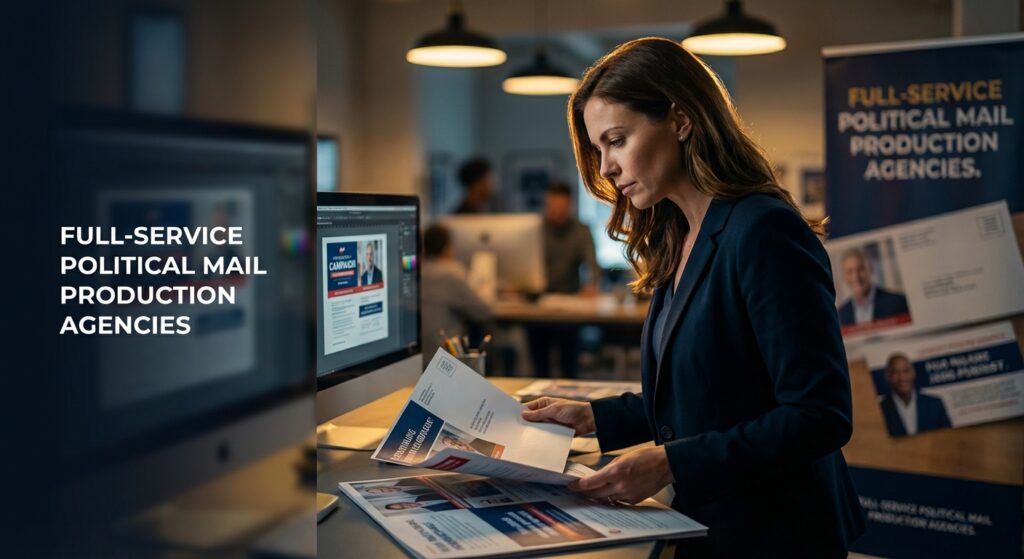 Democratic candidate reviewing proofs from full-service political mail production agencies