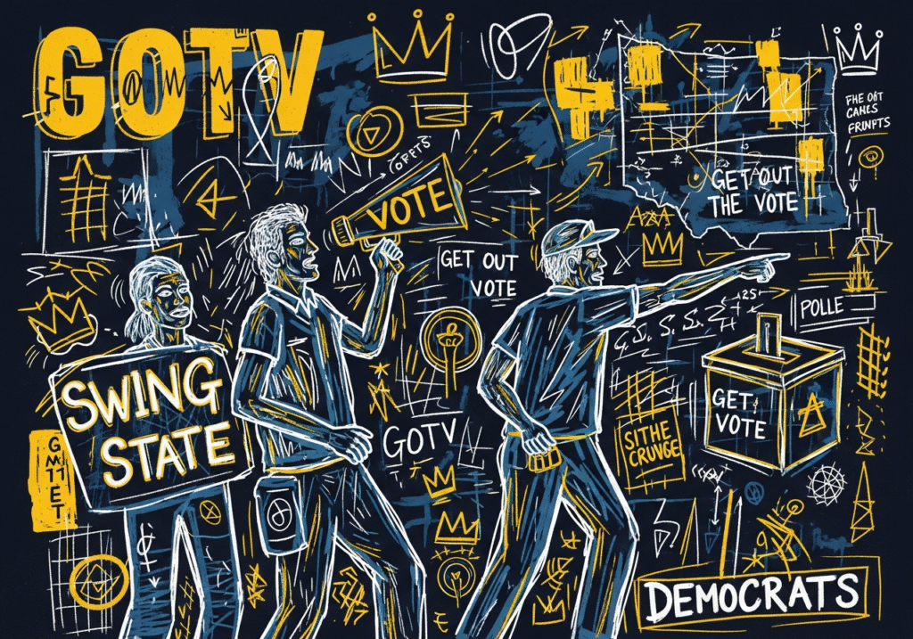 Democratic volunteers using MiniVAN for GOTV canvassing operations in a swing state neighborhood.