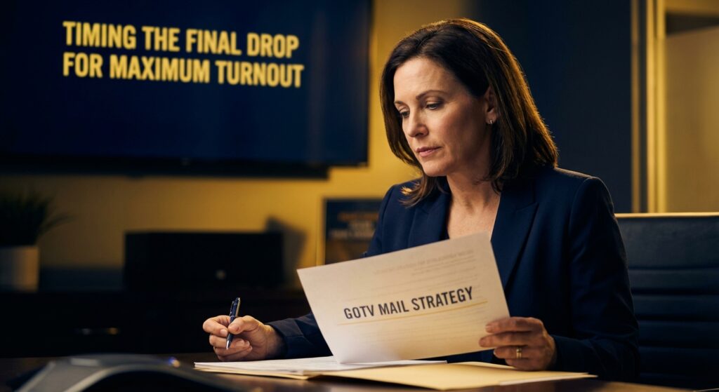 Democratic campaign volunteer sorting GOTV mail for final drop timing strategy