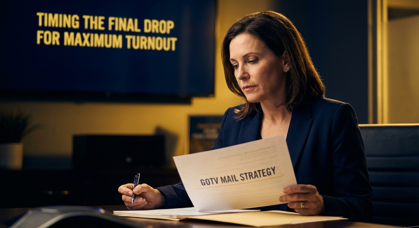 Democratic campaign volunteer sorting GOTV mail for final drop timing strategy