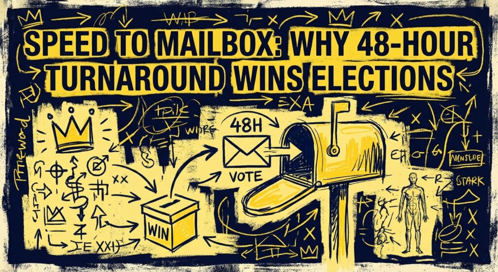 Democratic political mail pieces moving through high speed automation machinery