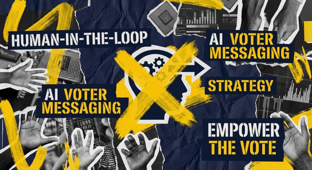 Democratic campaign staff reviewing AI-generated messaging on a monitor