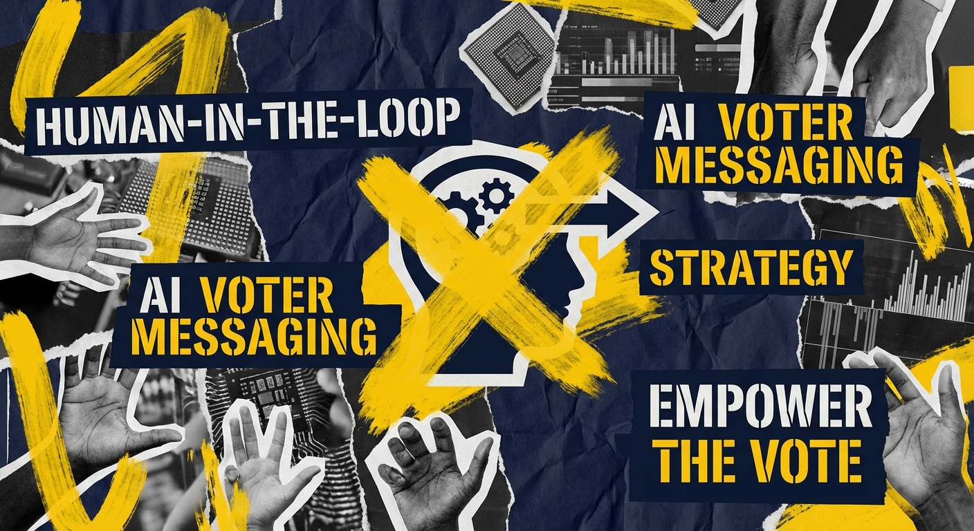 Democratic campaign staff reviewing AI-generated messaging on a monitor