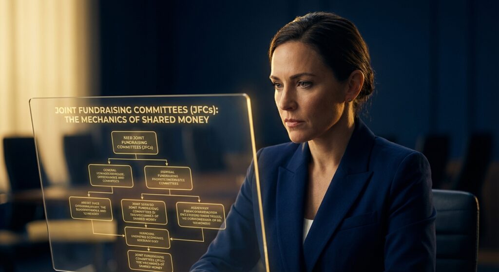 Diagram of Joint Fundraising Committees (JFCs): The Mechanics of Shared Money showing donor check allocation.