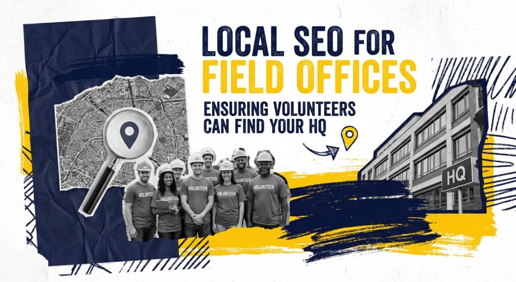 Democratic campaign volunteers looking at a map on a tablet inside a busy field office