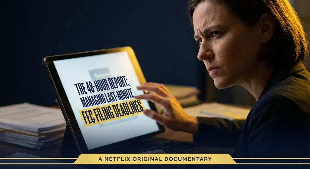 Democratic campaign treasurer managing 48-hour FEC report deadlines on multiple monitors