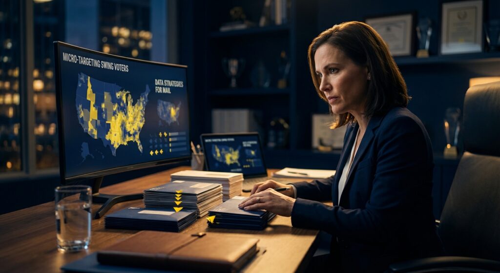 Democratic campaign staff analyzing voter data maps for direct mail targeting