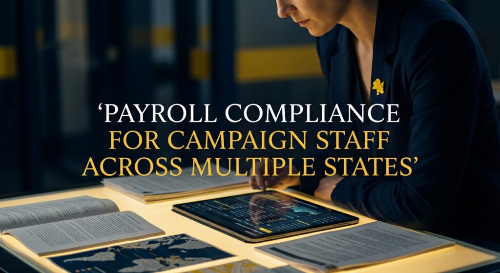 Campaign staff reviewing payroll compliance documents on a tablet