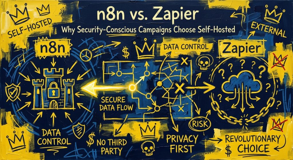 Comparison of n8n and Zapier interfaces with a digital security lock overlay for political campaigns.