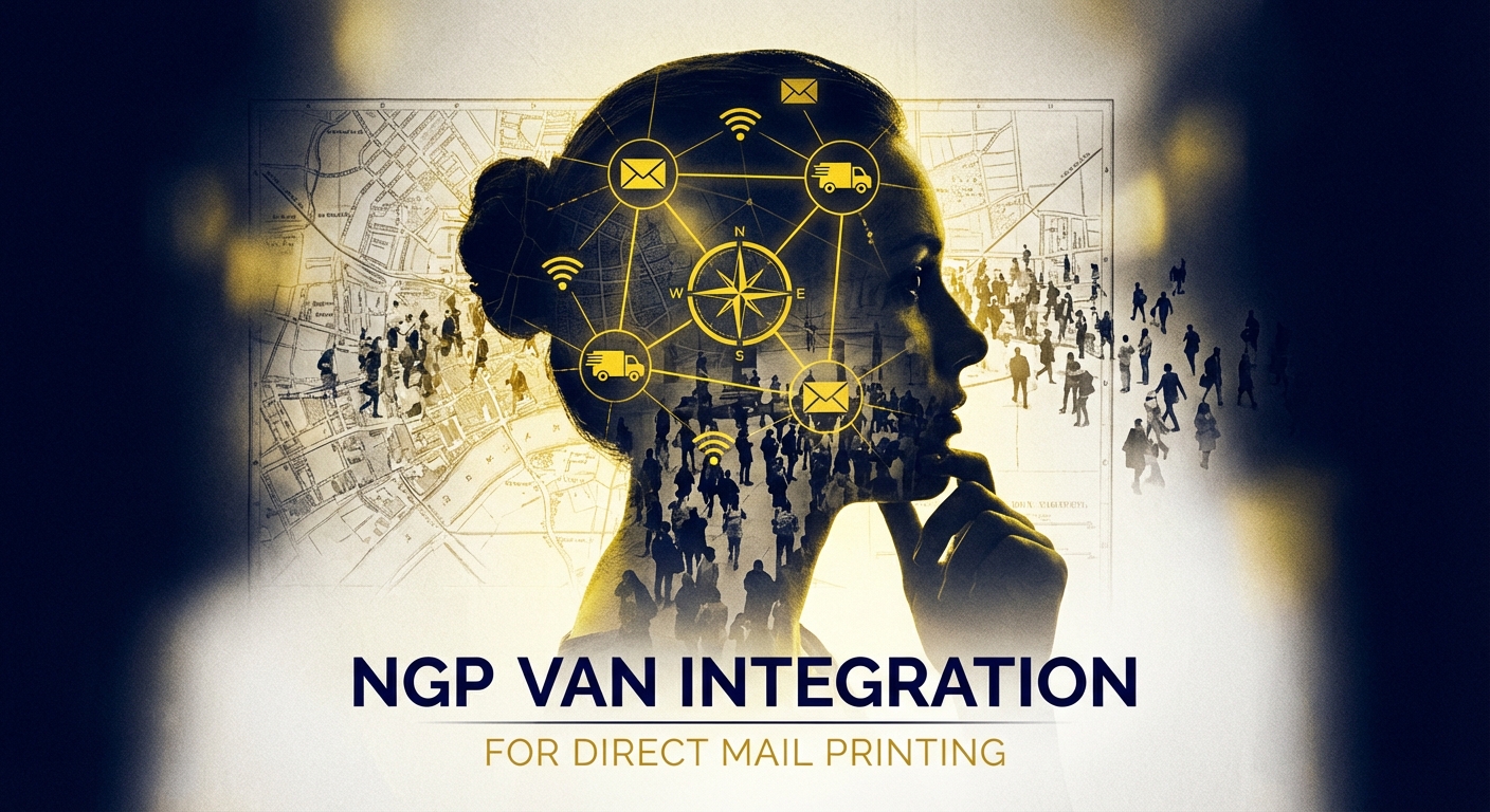 Campaign staffer reviewing NGP VAN data on a laptop with direct mail samples on the desk