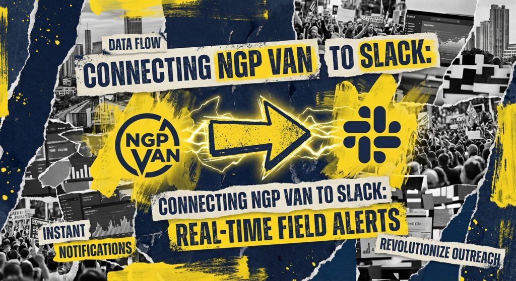Dashboard showing NGP VAN data syncing to Slack notifications for a political campaign