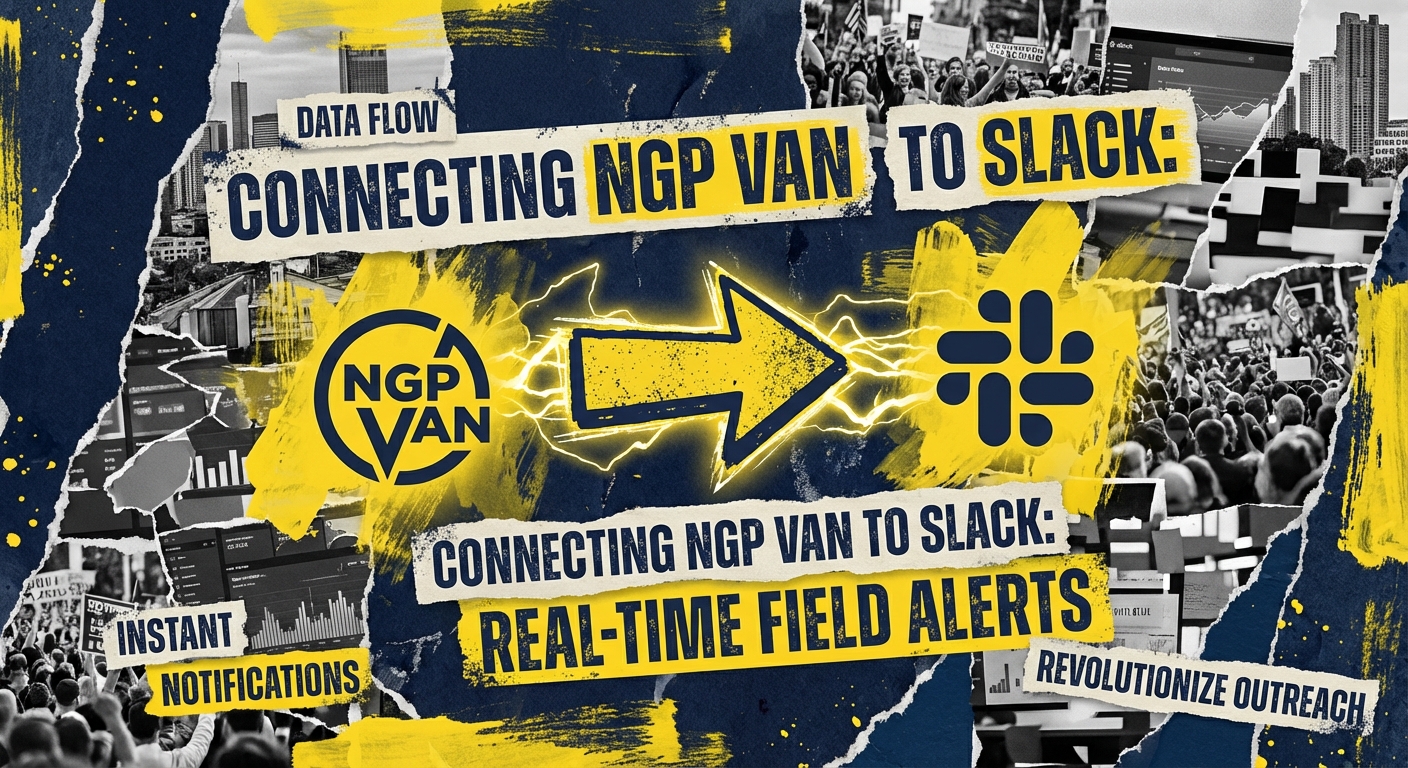 Dashboard showing NGP VAN data syncing to Slack notifications for a political campaign