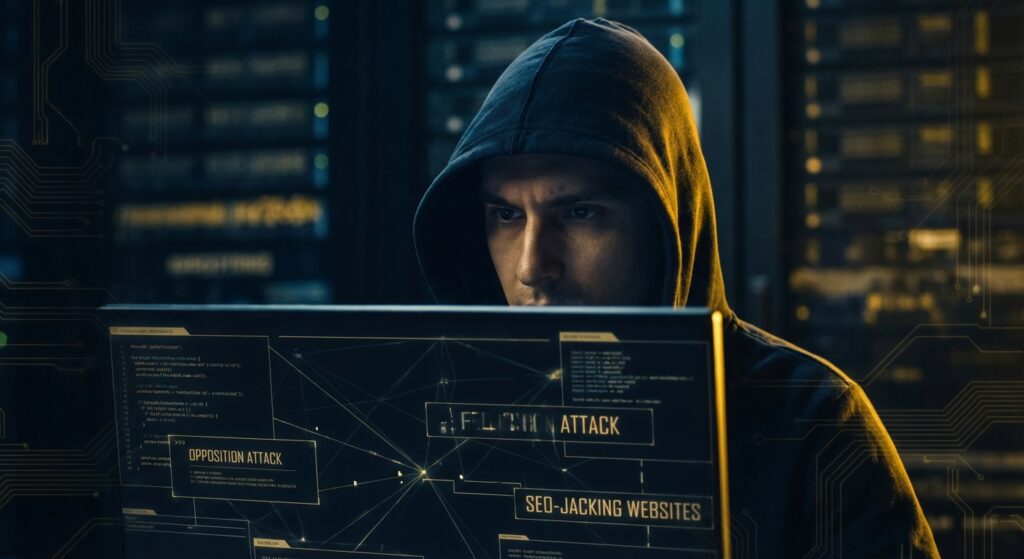 Illustration of search engine results being manipulated by opposition attack seo-jacking websites