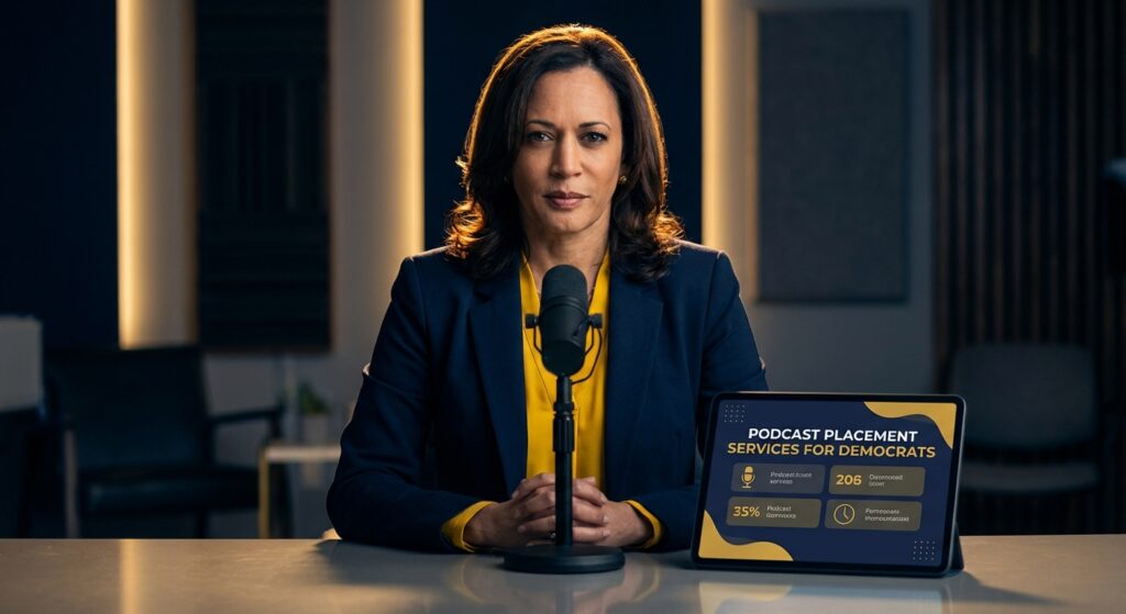 Democratic candidate recording a podcast ad in a studio
