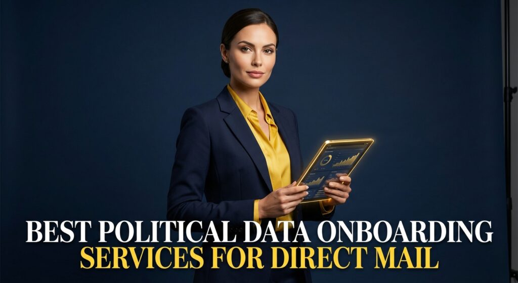 Democratic campaign manager reviewing direct mail data onboarding strategy on a laptop