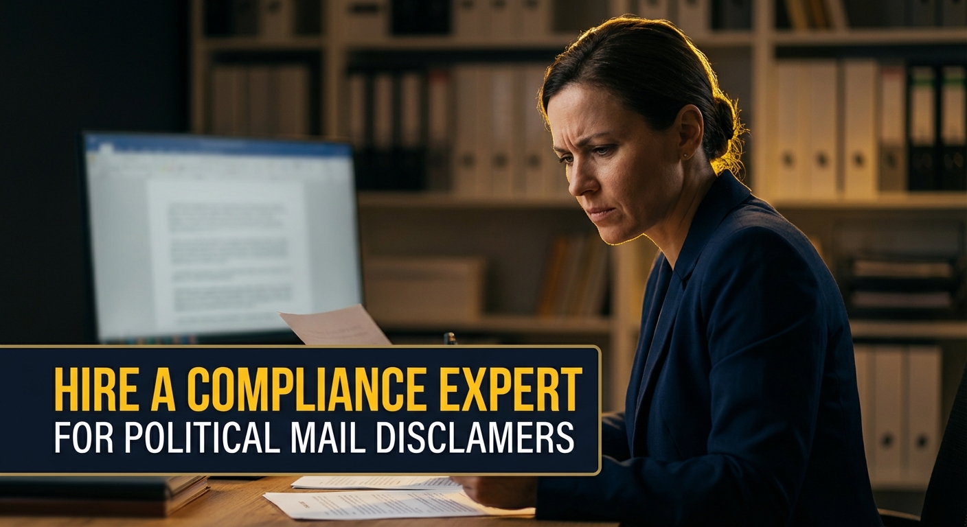Democratic campaign manager reviewing political mail disclaimers with a compliance expert