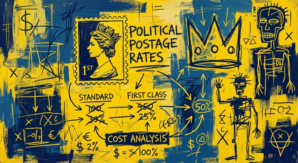 Political Postage Rates Standard vs First Class Cost Analysis chart on a campaign desk