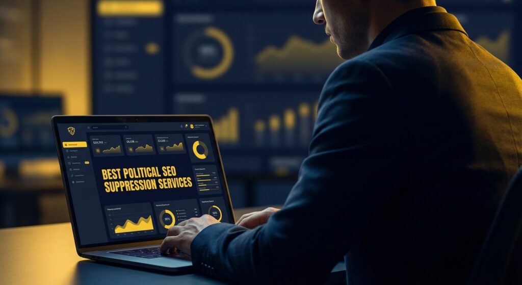 Campaign manager reviewing best political SEO suppression services on a monitor