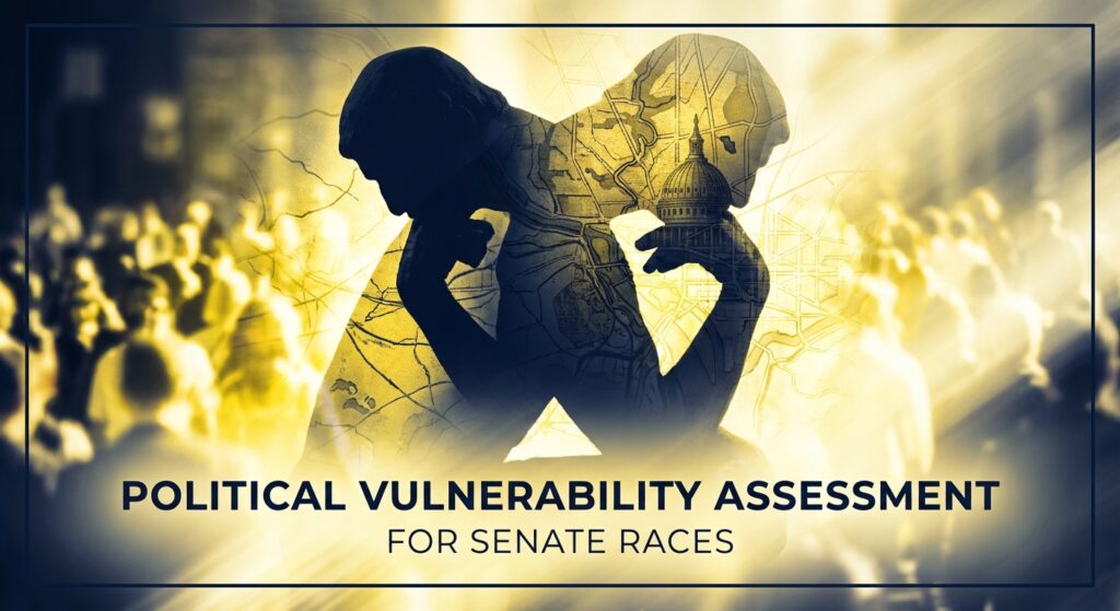Political Vulnerability Assessment For Senate Races showing cybersecurity lock on digital map