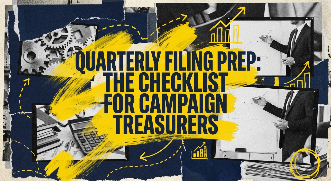 Campaign treasurer reviewing FEC Form 3X on a laptop with financial documents