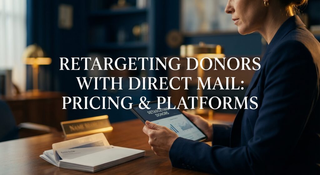 Direct mail postcards on a desk with a laptop showing donor data analytics