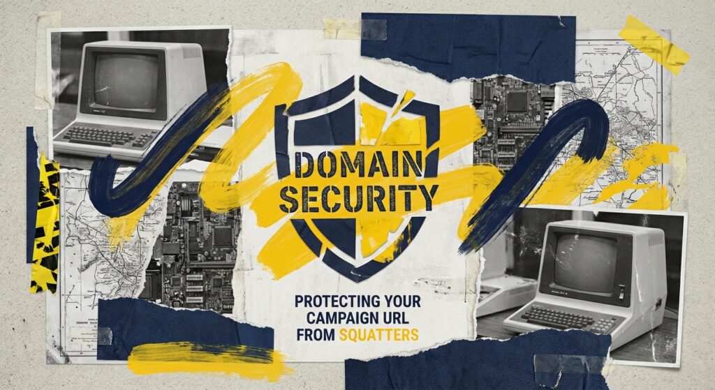 Laptop displaying a secure political campaign website with a shield icon overlay