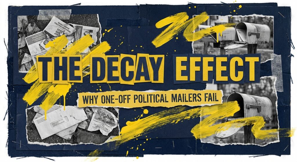 A stack of political mailers representing The Decay Effect: Why One-Off Political Mailers Fail