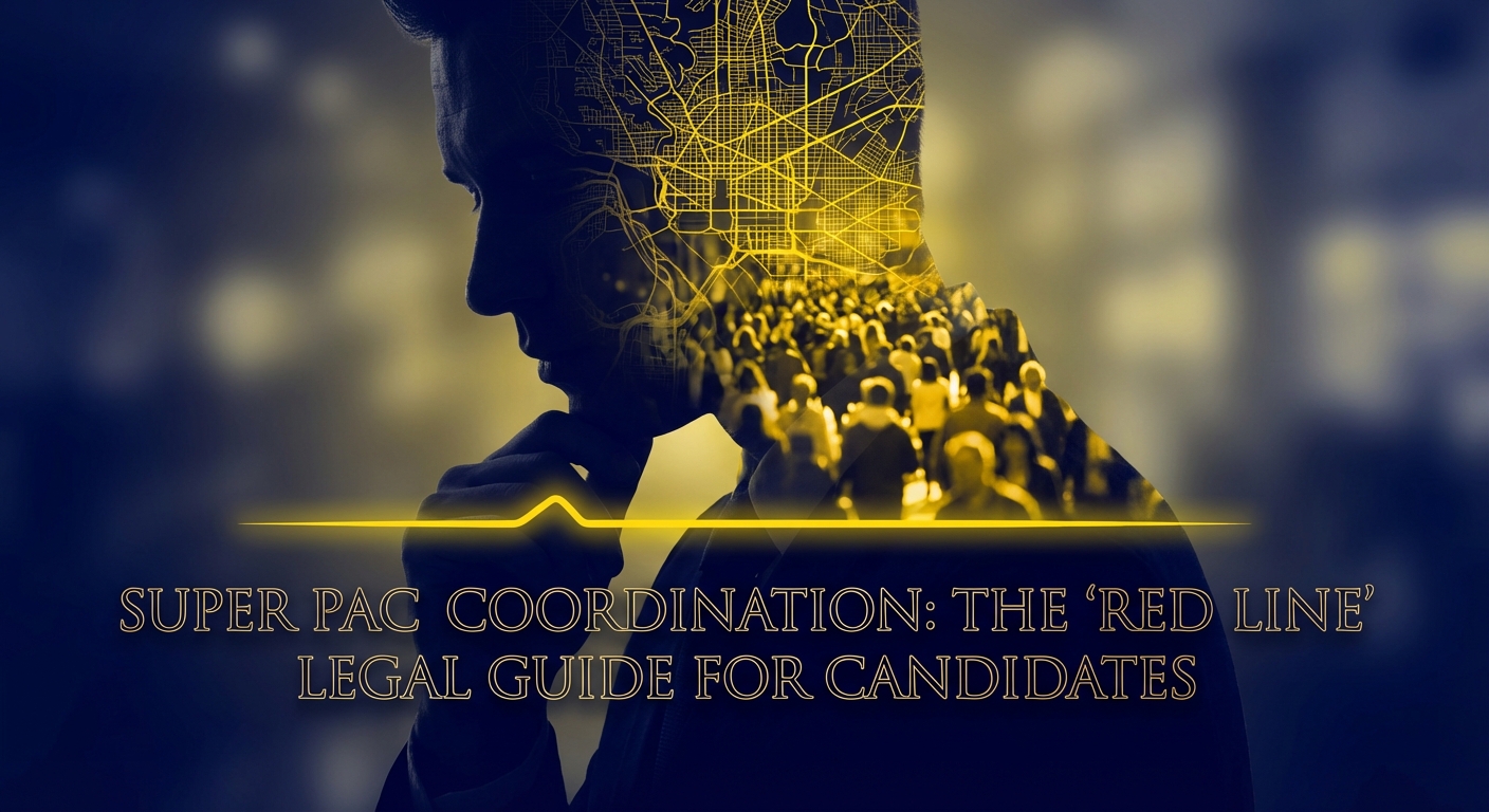 Democratic candidate reviewing legal compliance guide for Super PAC coordination