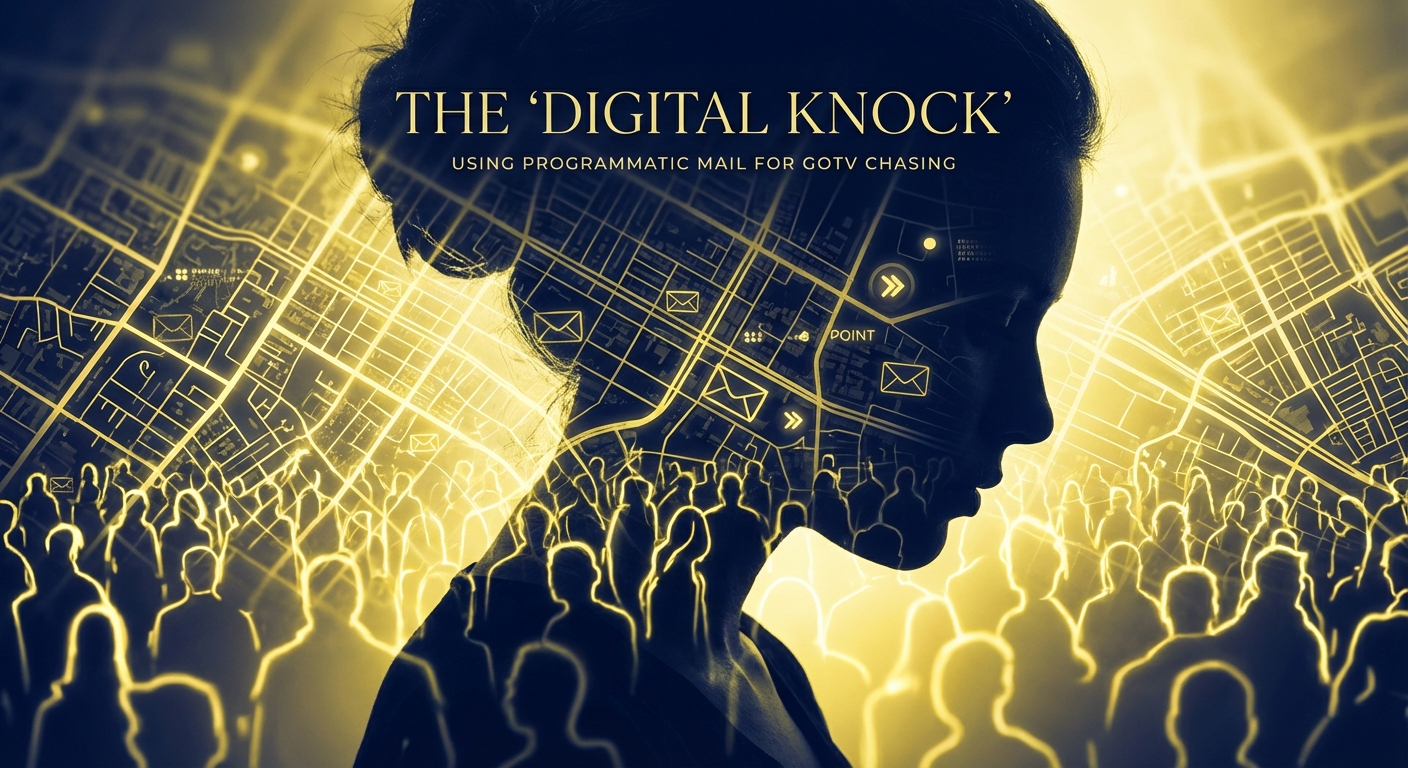 Democratic campaign manager reviewing programmatic mail data and union-printed postcards