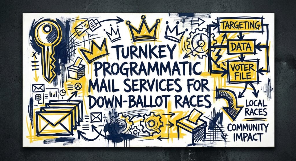Turnkey Programmatic Mail Services for Down-Ballot Races dashboard showing voter targeting maps