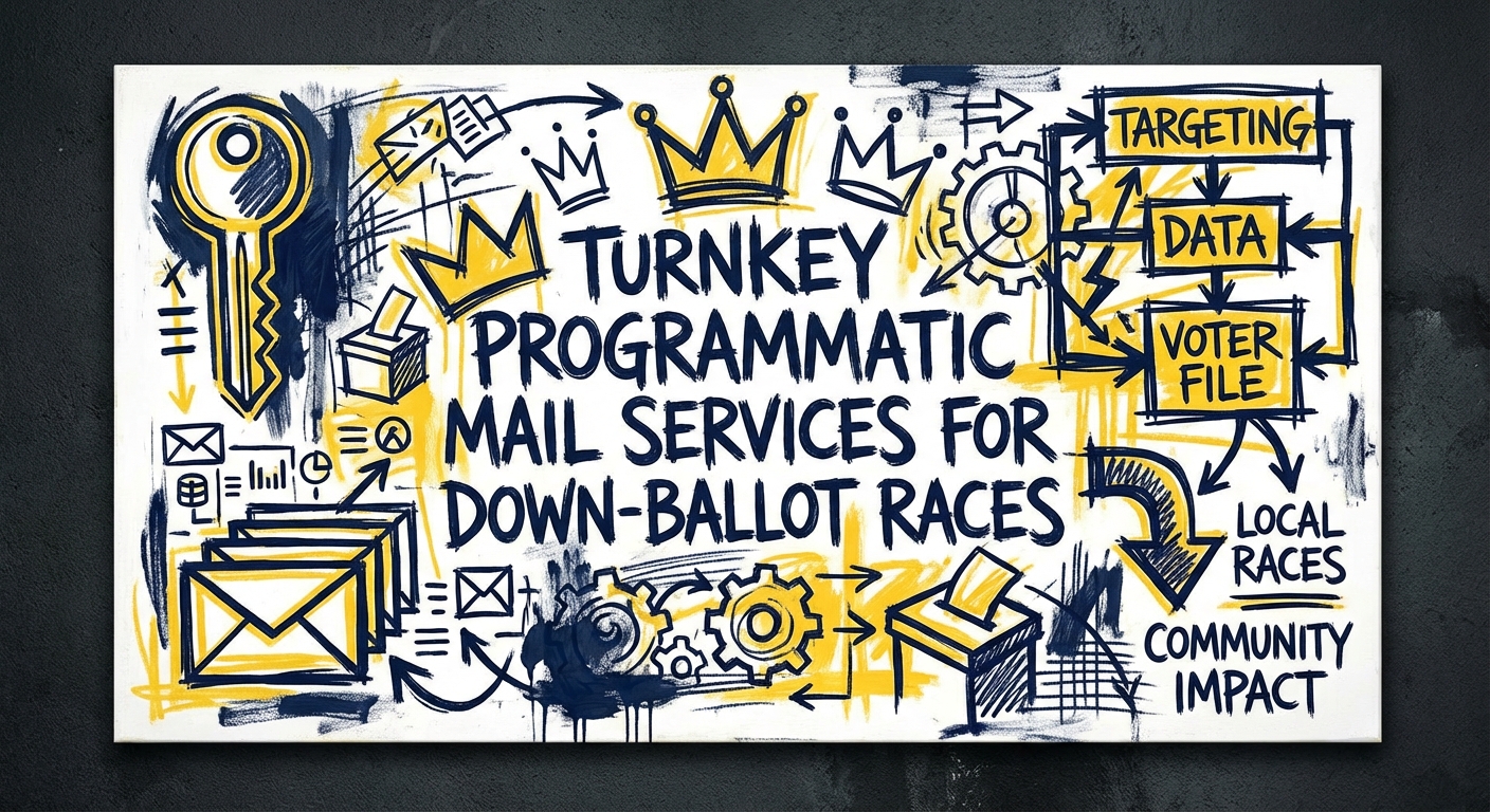Turnkey Programmatic Mail Services for Down-Ballot Races dashboard showing voter targeting maps