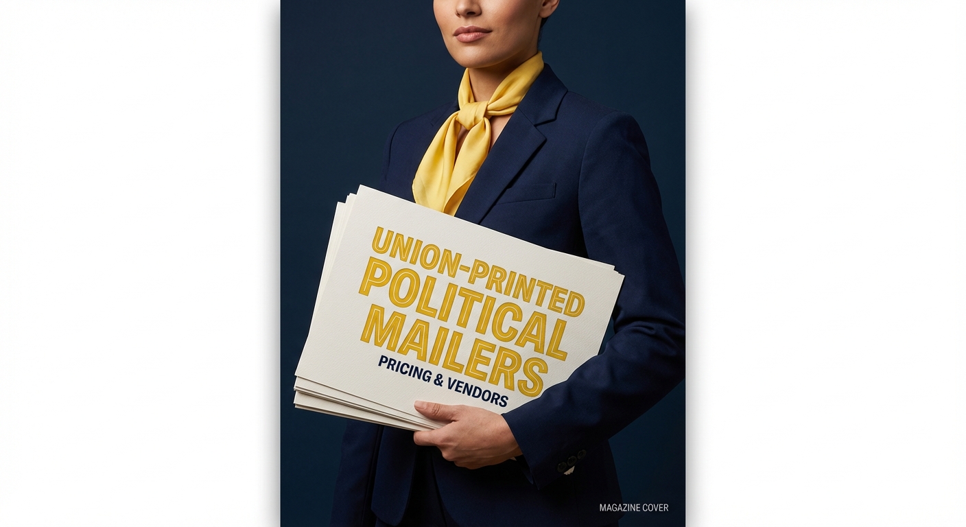 Stack of union-printed political mailers with a visible union bug on a campaign desk