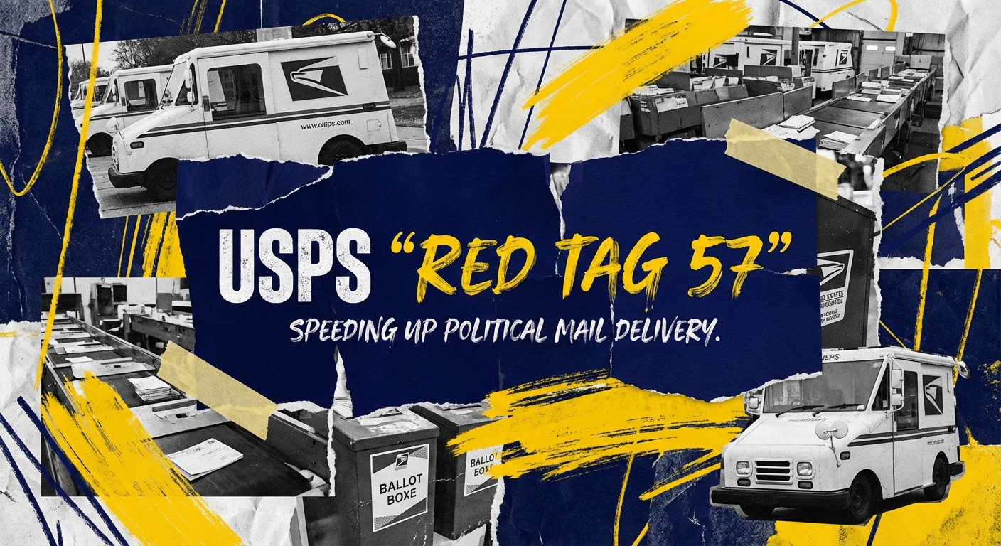 USPS Red Tag 57 container tag on a tray of political mail