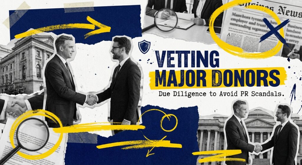 Political campaign team reviewing donor data for due diligence and scandal prevention