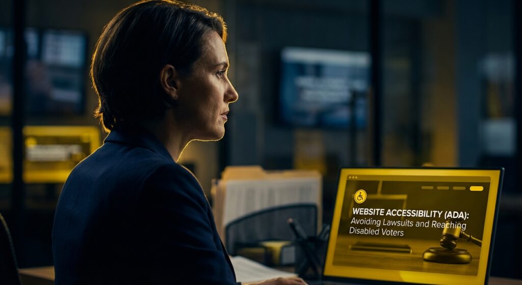 Democratic campaign staff reviewing website accessibility report on laptop