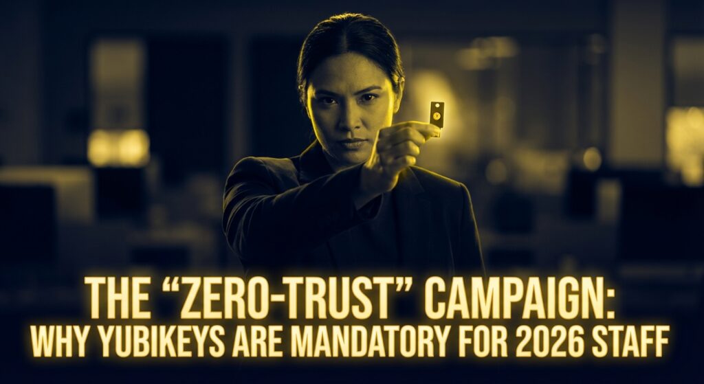 Campaign staffer inserting a YubiKey into a laptop for secure authentication